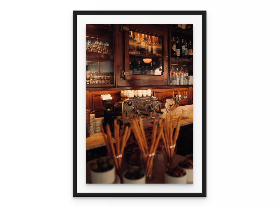 Bar Pisselino Espresso, 20×30 in black frame