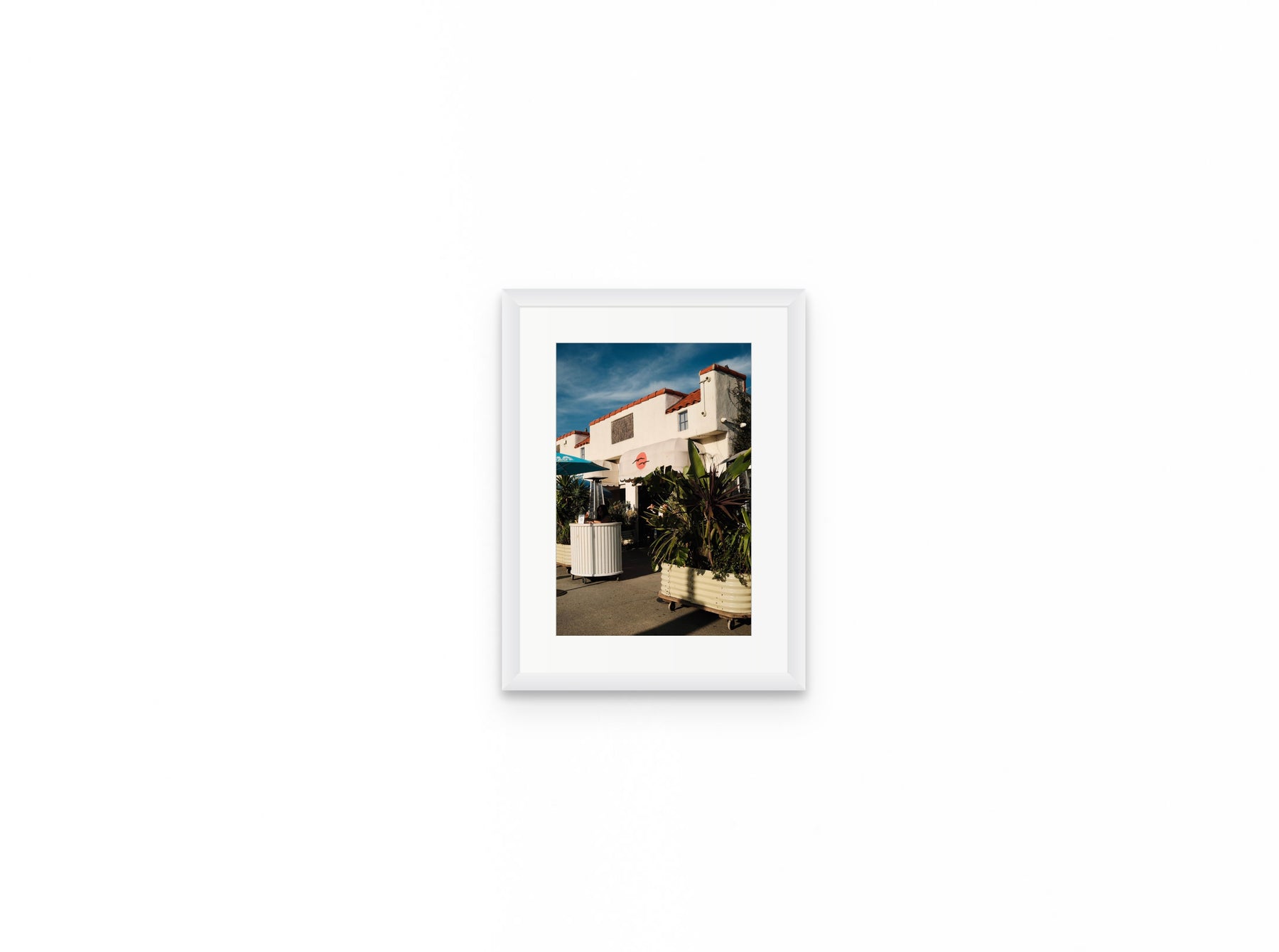 Malibu Farm Courtyard, 8×12 in white frame (alternate scene)