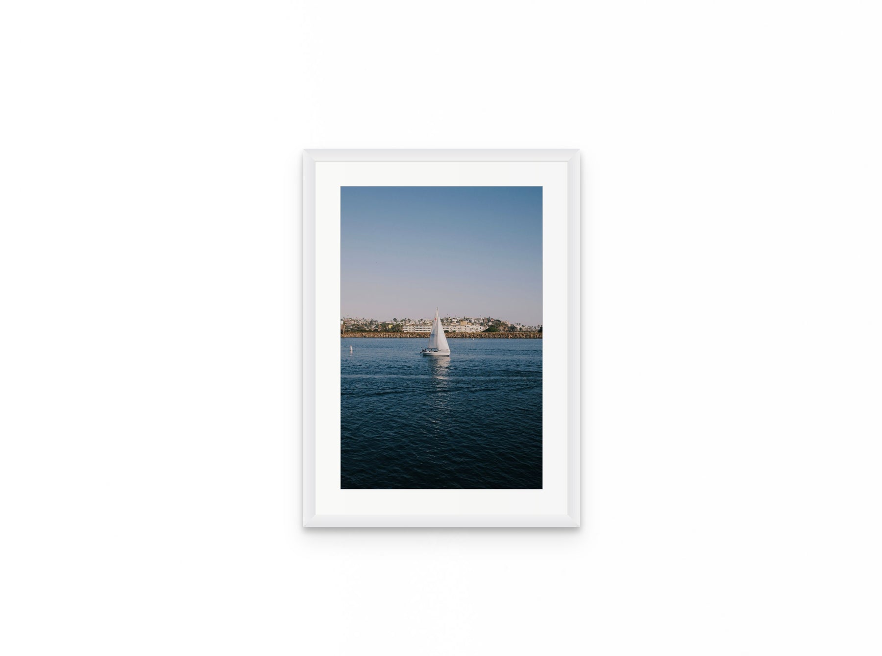 Marina Sailboat, 12×18 in white frame