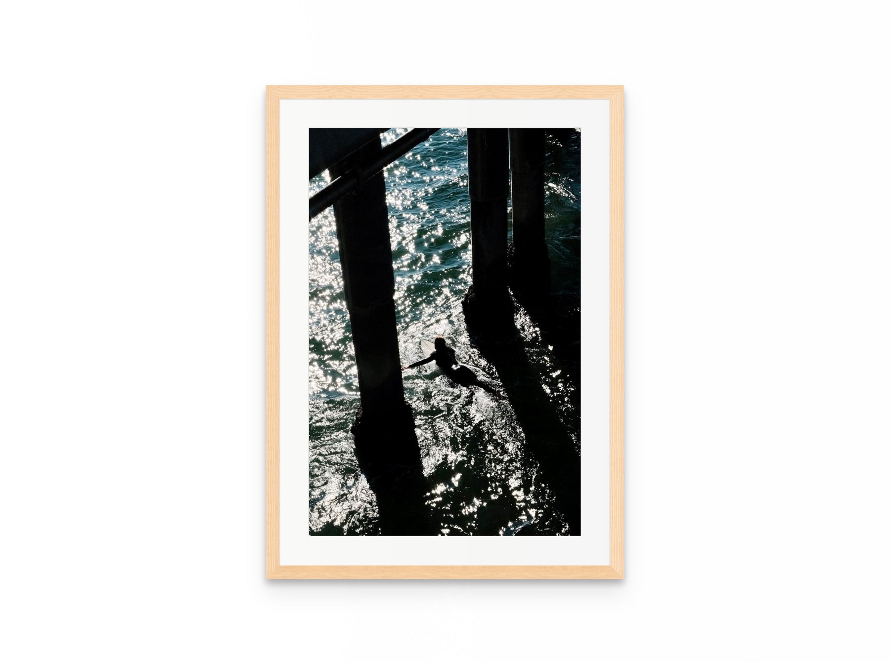 Pier Shadows Surfer, 16×24 in natural frame