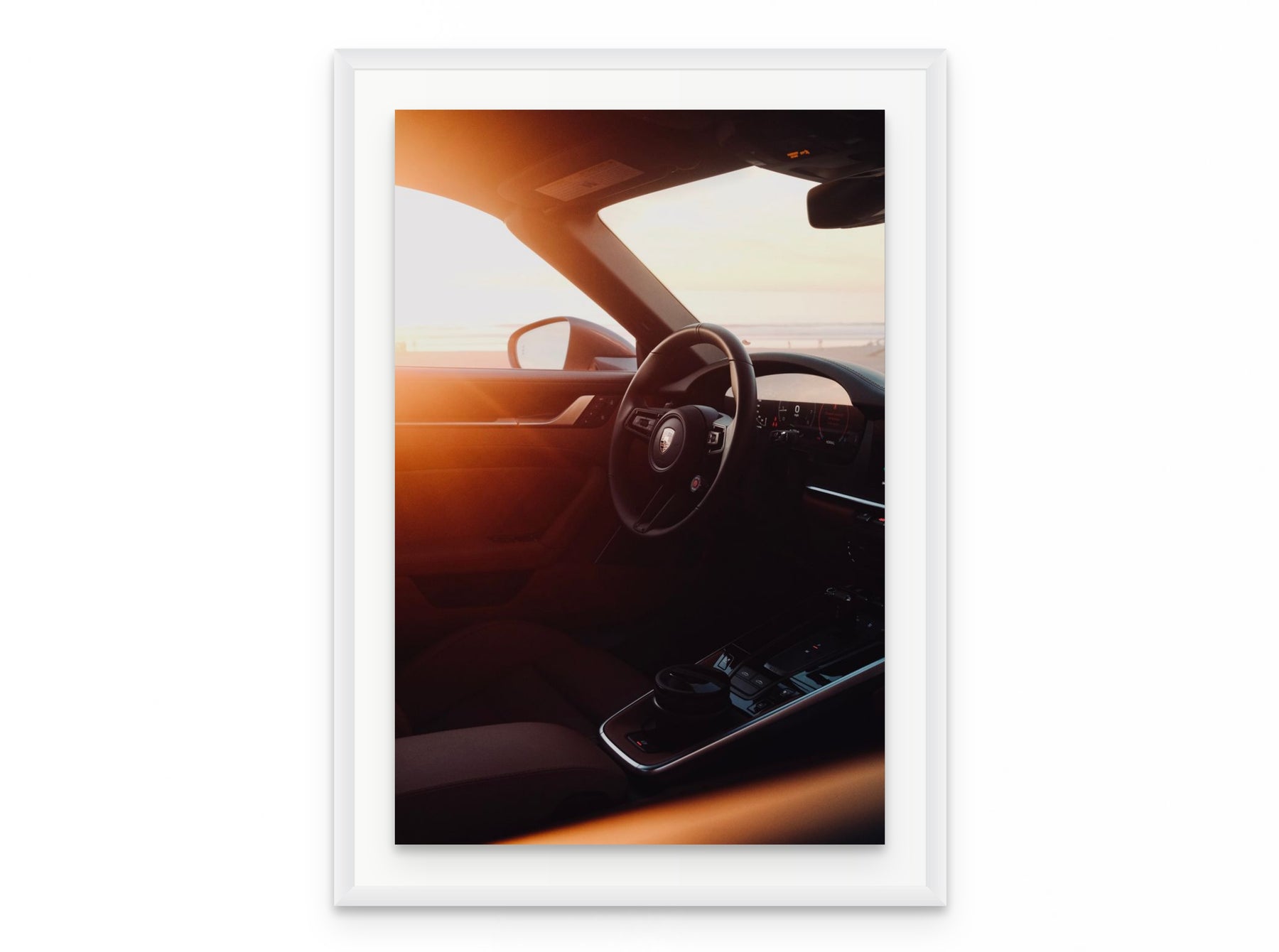 Porsche Interior Sunset, 20×30 in white frame