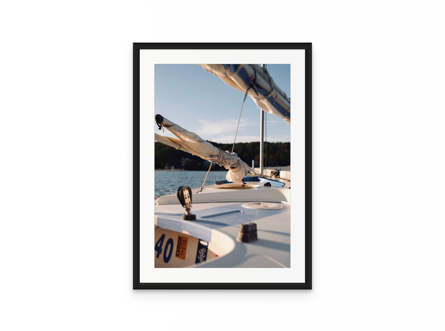 Sailboat Bow Golden, 16×24 in black frame