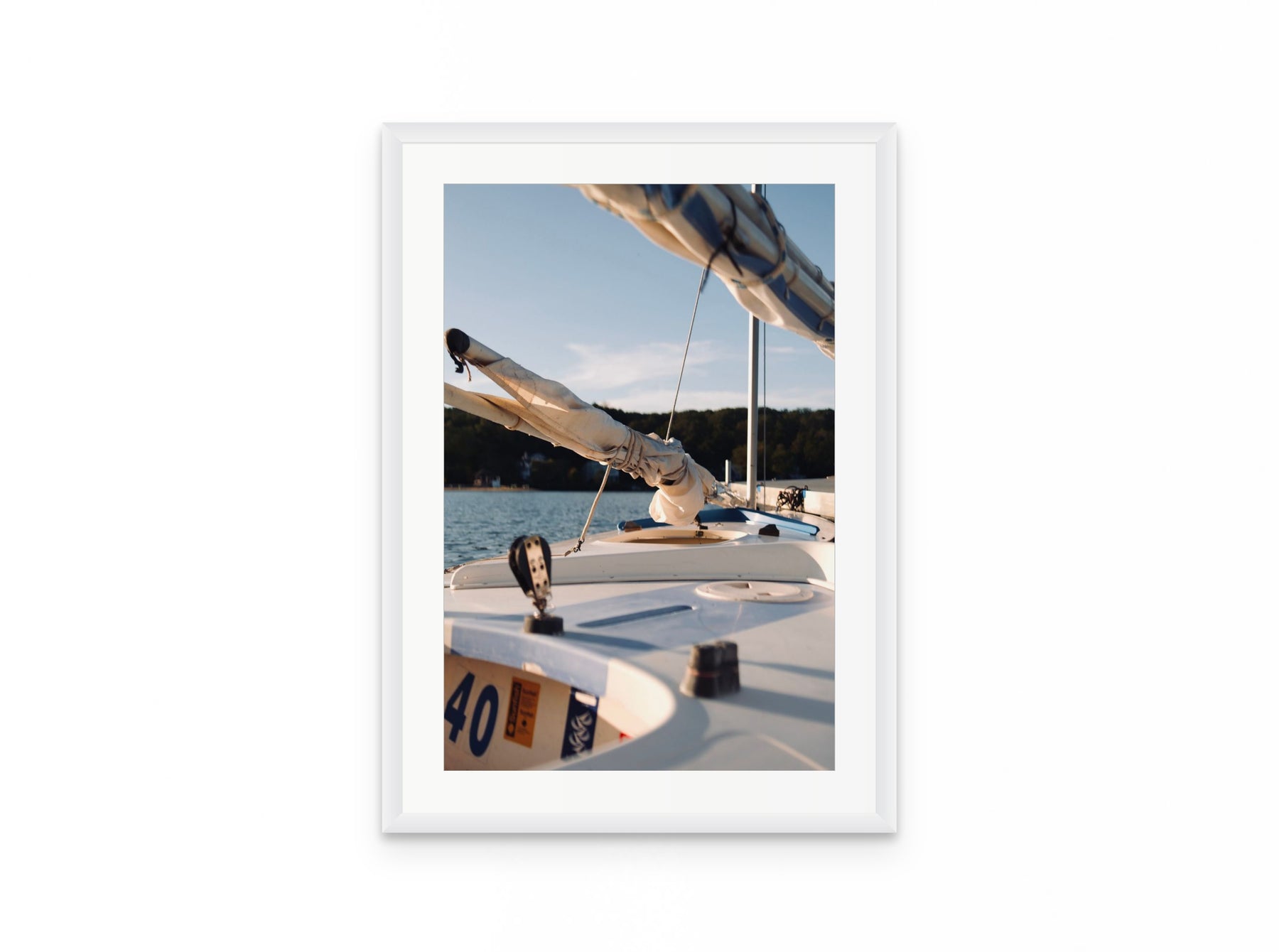 Sailboat Bow Golden, 16×24 in white frame
