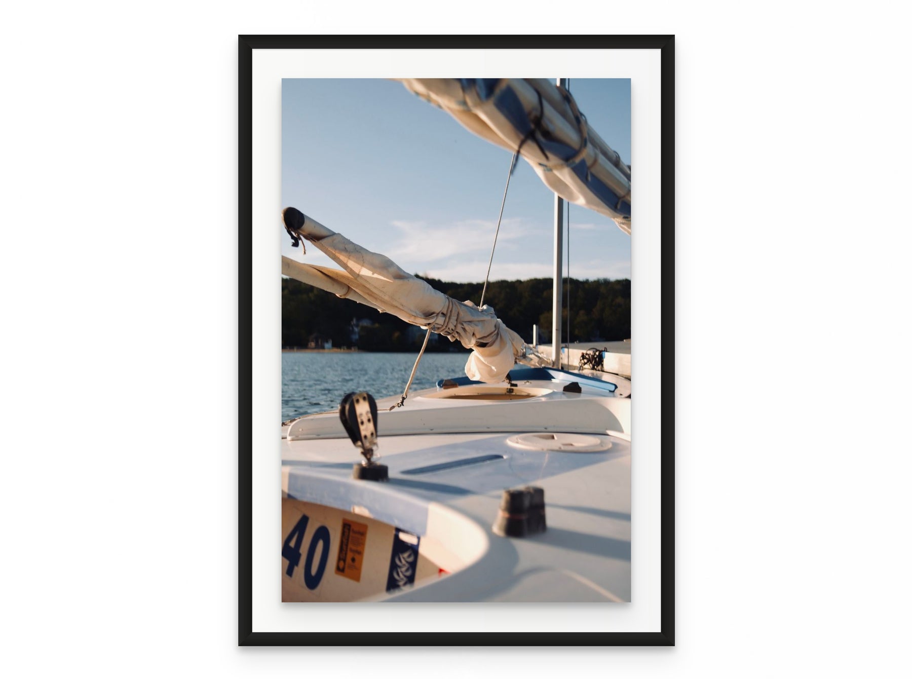 Sailboat Bow Golden, 20×30 in black frame