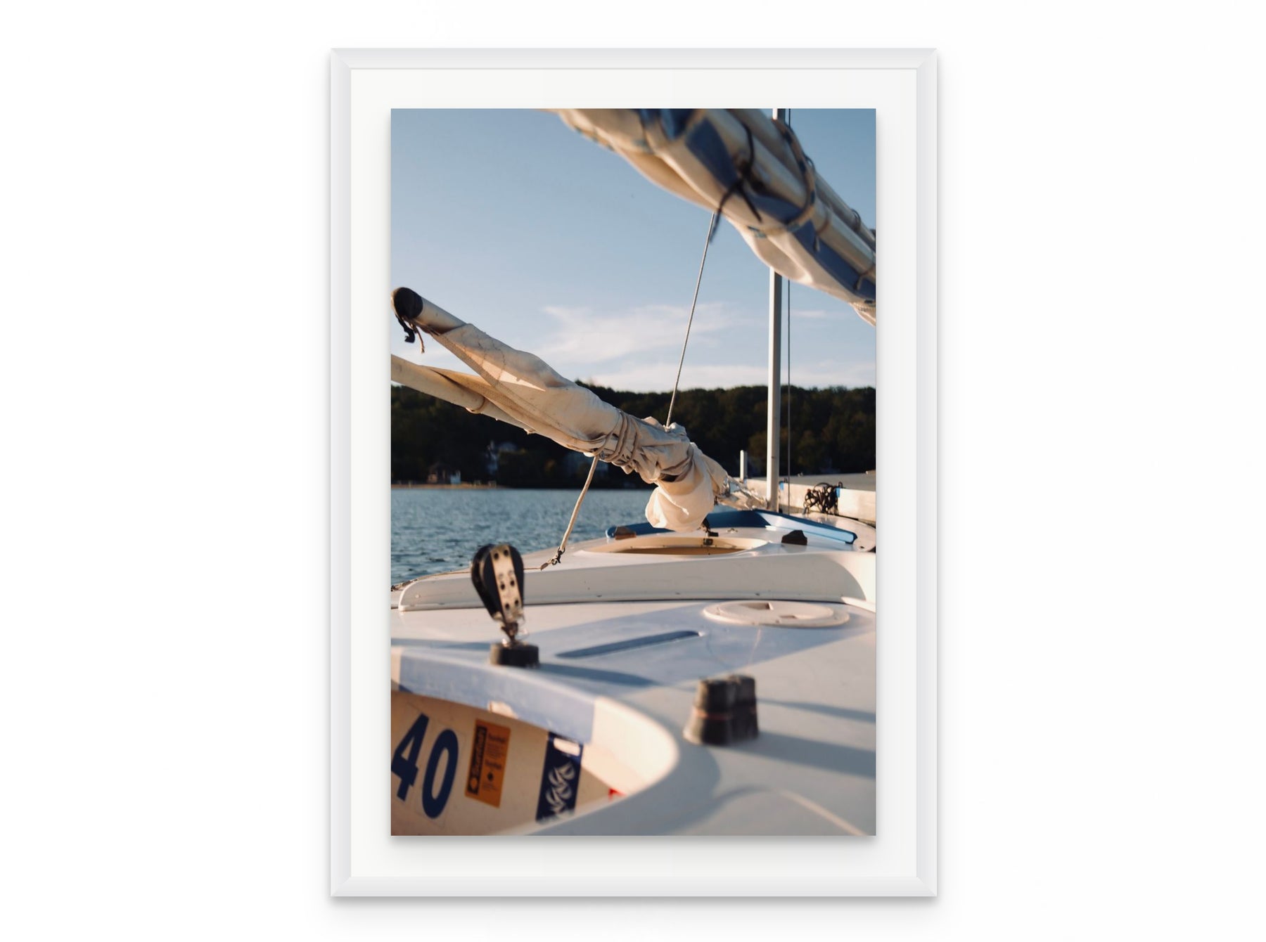 Sailboat Bow Golden, 20×30 in white frame